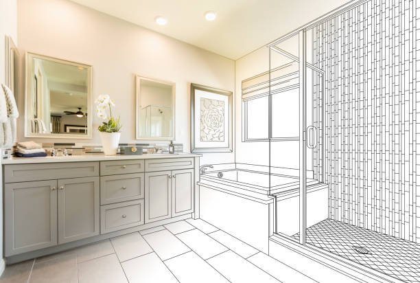 Custom Master Bahroom Design Drawing with Cross Section of Finished Photo.