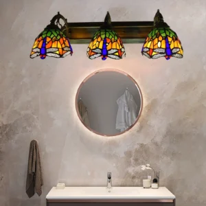 Retro 3-Light Handcraft Stained Glass Vanity Lighting Wall Sconces Fixture Dragonfly Shades for Bathroom Home Lighting Decor