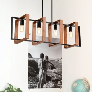 4-Light Kitchen Island Lights Pendant Light Farmhouse Dining Room Light Fixture, Rustic Wood and Black Metal Rectangular Chandel