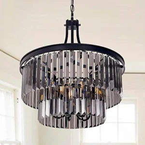 Black crystal chandeliers, 5 light farmhouse chandeliers for dining room, hanging light fixture with grey crystal, 2 tiers