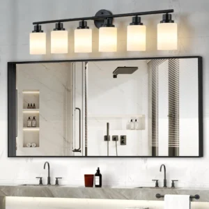Modern 4/5/6 Lights Vanity Bathroom Mirror Light, Frosted White Glass Lampshades with Black Iron Frame, Contemporary Wall Sconce