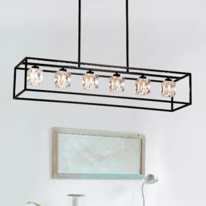 6-Light Farmhouse Chandelier, Modern Industrial Linear Rectangular Crystal Pendant Light Cage Chandelier for Dining Room,Kitchen