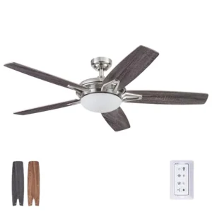 52" Nickel Ceiling Fan With 5 Blades Integrated LED Light Kit Remote & Reverse Airflow Control