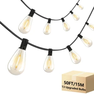 50FT S14 LED Outdoor String Lights With 12Edison Vintage Bulbs, Outside Lights For Outdoor Lighting