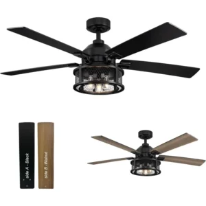 Ceiling Fans with Lights and Remote, 52 Inch Farmhouse Rustic Ceiling Fan for Bedroom Living Room, Black Outdoor Ceiling Fans