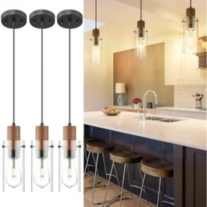 3 Pack Mini Pendant Lights Kitchen Island, Black Pendant Light with Clear Glass Shade, Wood Grain
