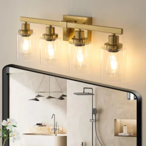 Golden 4 Lights Vanity Light with Clear Glass Lampshades, Modern Iron Metal Bathroom Wall Fixture for Mirror