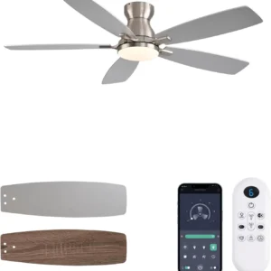 Ceiling Fans with Lights, 52 Inch Low Profile Ceiling Fan with Light and Remote Control, Flush Mount, DC Reversible Motor