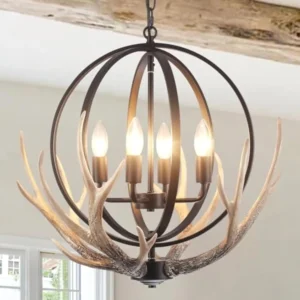 Chandelier 4-Light Rustic Farmhouse Chandeliers for Dining Room Light Fixture with 4 Resin Deer and Metal Globe