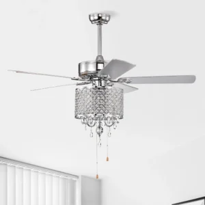 52'' Classical Crystal Ceiling Fan Lamp 3 Speed Hand Pull Chain (High, Mid, Low), 5 Reversible Blades