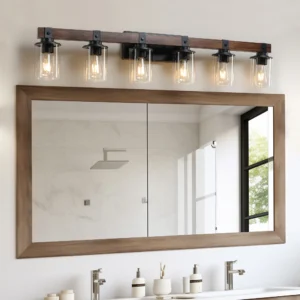 Rustic Farmhouse Vanity Light Industrial Bathroom Wall Sconce with Glass Shades and Wood Accent Lighting Fixture (No Bulbs)