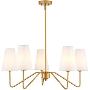 Modern Antique Brass Brush Paint Finish Chandelier, with Creamy-White Fabric Shade Pendant Lighting Fixture