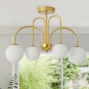 19 Mid Century Arch Chandelier, Modern Ceiling Light Fixtures with Milk Glass Globe Shades Antique Brass Brush Finish