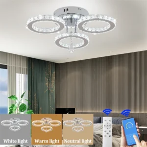Modern Crystal Chandelier with App Dimmable Ceiling Light Fixture Rings Shape Flush Mount Chandelier