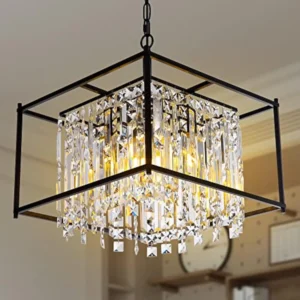 Modern Black Crystal Chandeliers, 16" Dining Room Chandelier, Adjustable Height,Luxury Ceiling Pendant Light Fixture