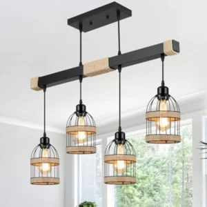 Black Farmhouse Chandeliers for Dining Room Light Fixtures/Chandelier over Table, 4-Light Rattan Kitchen Island Lighting Fixture