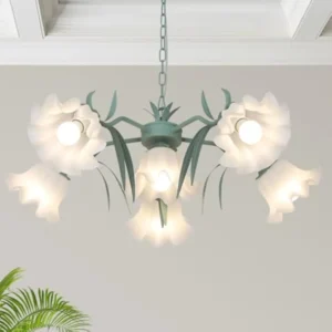 Flower Chandeliers for Dining Room, 6-Light Green Floral Dining Room Light Fixture with Acrylic Shades, Large Modern Sputnik
