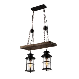 Pendant Lights with Wooden Beam, Black Iron & Glass, Rustic Retro Style, Easy Installation, Compatible with 2 E26 Bulbs