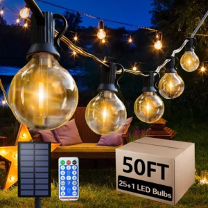 50FT G40 Solar Outdoor String Lights, Remote Control, Waterproof Hanging Lights with 8 Lighting Modes, 25 LED Bulbs