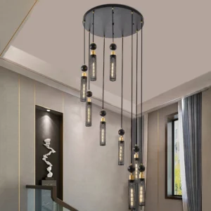Modern Industrial 9-Light Pendant Chandelier，Black and Gold Adjustable Ceiling Light Fixture with Mesh Cylinder Shades(No Bulb）