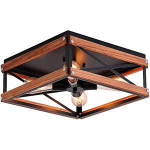 4-Light Rustic Famrhouse Flush Mount Ceiling Light Metal and Wood Square Flush Mount Ceiling Light Fixture for Hallway Bedroom